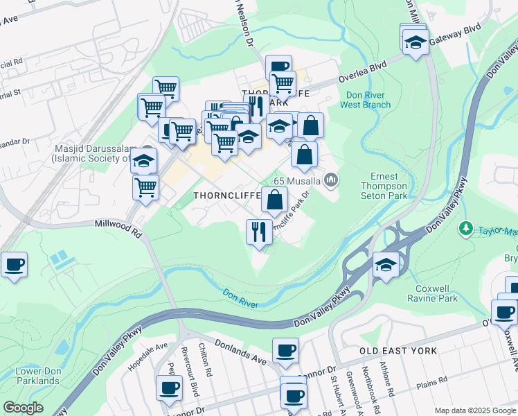 map of restaurants, bars, coffee shops, grocery stores, and more near 36 Thorncliffe Park Drive in Toronto