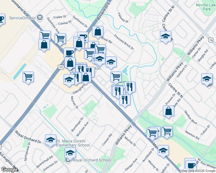 map of restaurants, bars, coffee shops, grocery stores, and more near 65 Brickyard Way in Brampton