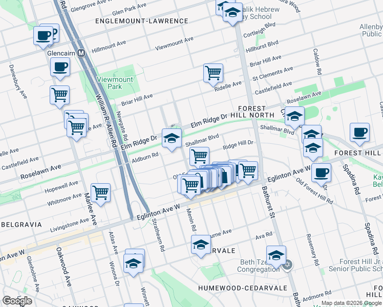 map of restaurants, bars, coffee shops, grocery stores, and more near 54 Ridge Hill Drive in Toronto