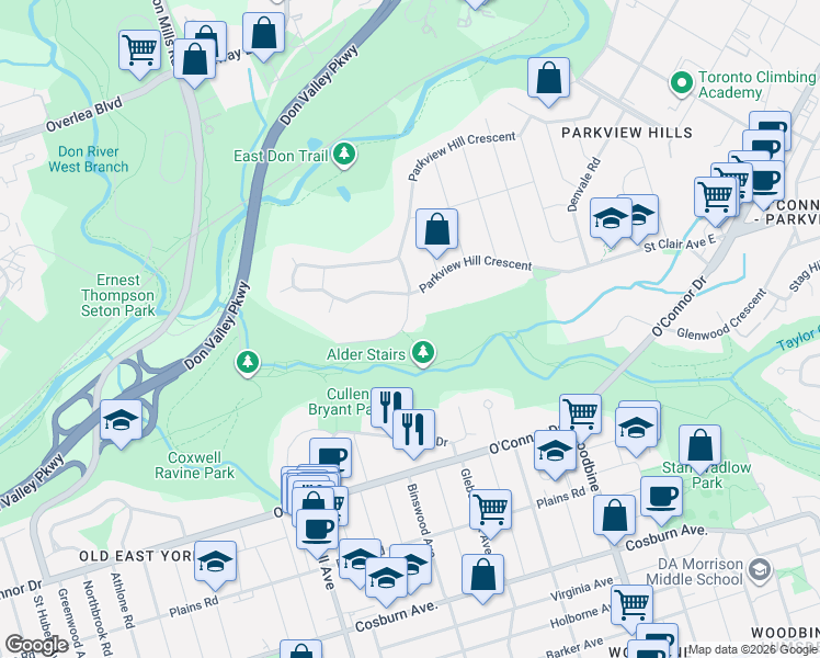map of restaurants, bars, coffee shops, grocery stores, and more near 32 Alder Road in Toronto