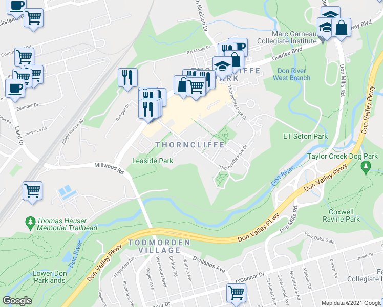 map of restaurants, bars, coffee shops, grocery stores, and more near 27 Thorncliffe Park Drive in Toronto