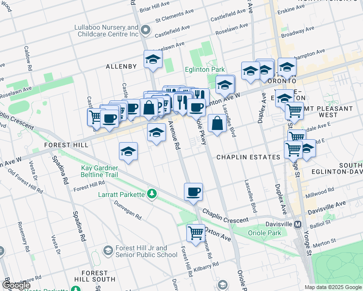 map of restaurants, bars, coffee shops, grocery stores, and more near 955 Avenue Road in Toronto