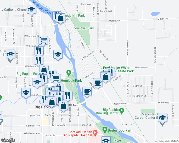 map of restaurants, bars, coffee shops, grocery stores, and more near 309 North 3rd Avenue in Big Rapids