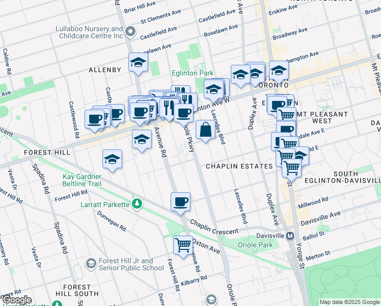 map of restaurants, bars, coffee shops, grocery stores, and more near in Toronto