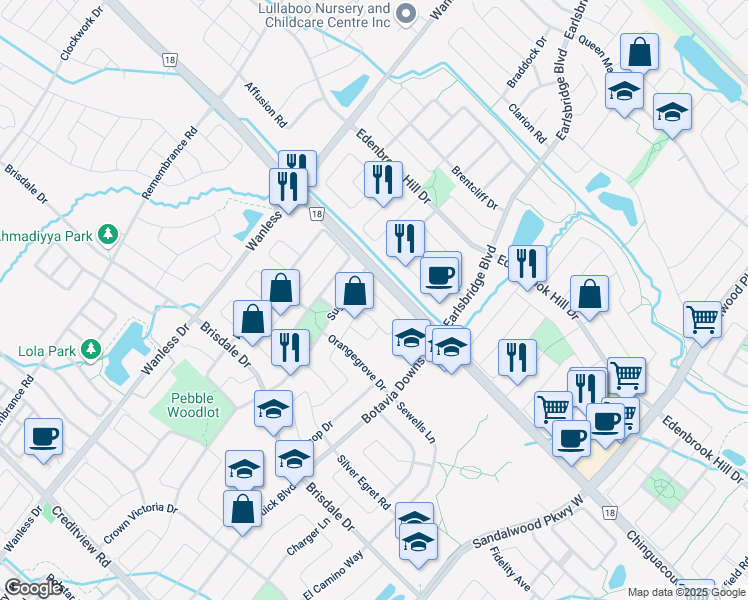 map of restaurants, bars, coffee shops, grocery stores, and more near in Brampton