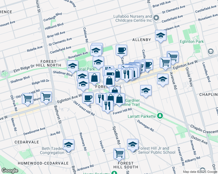 map of restaurants, bars, coffee shops, grocery stores, and more near Eglinton Ave W & Chaplin Crescent in Toronto