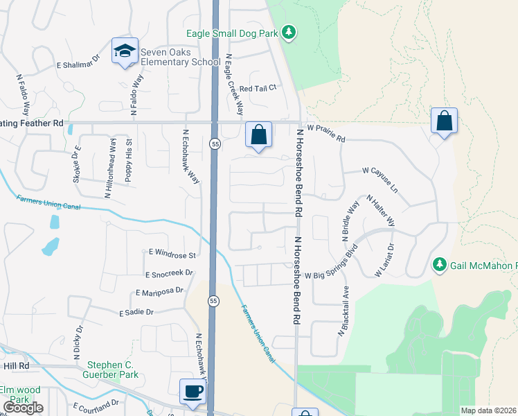 map of restaurants, bars, coffee shops, grocery stores, and more near 2998 East Shadowview Street in Eagle