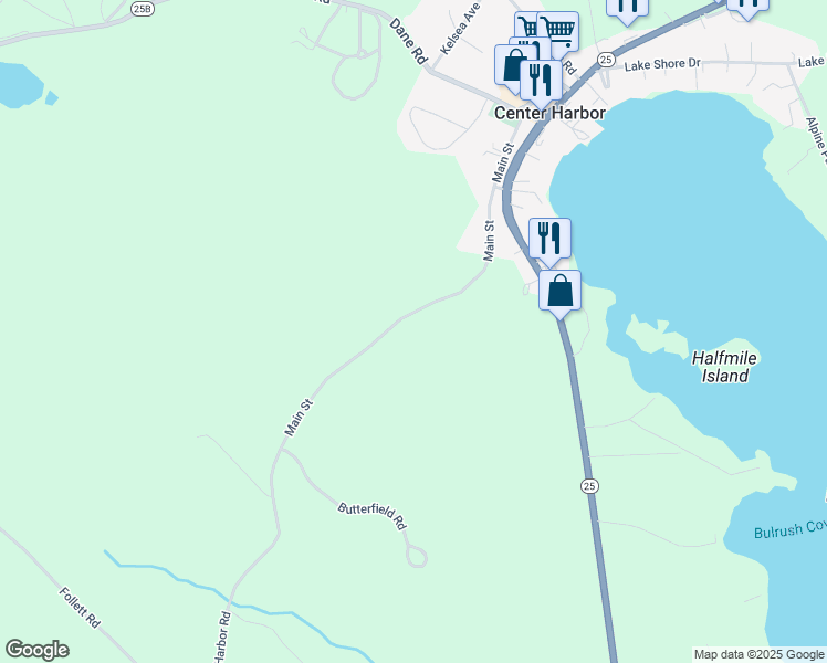 map of restaurants, bars, coffee shops, grocery stores, and more near 71 Coe Hill Road in Center Harbor