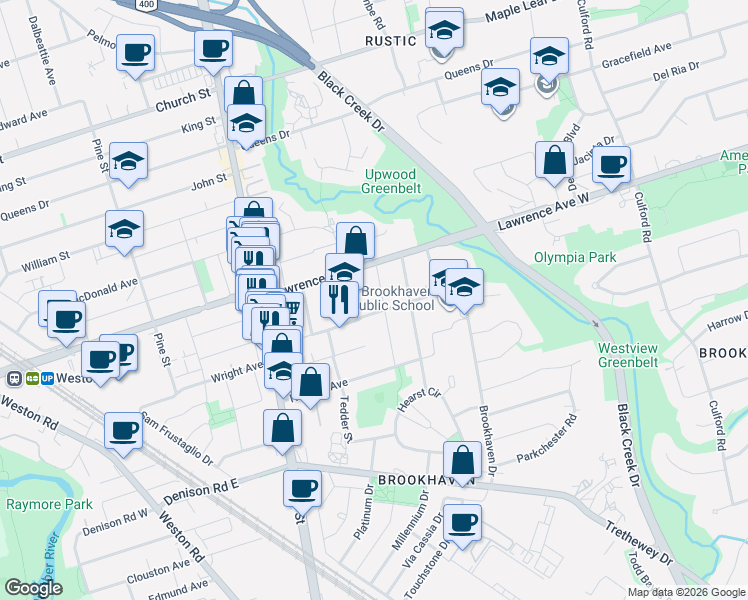 map of restaurants, bars, coffee shops, grocery stores, and more near in Toronto
