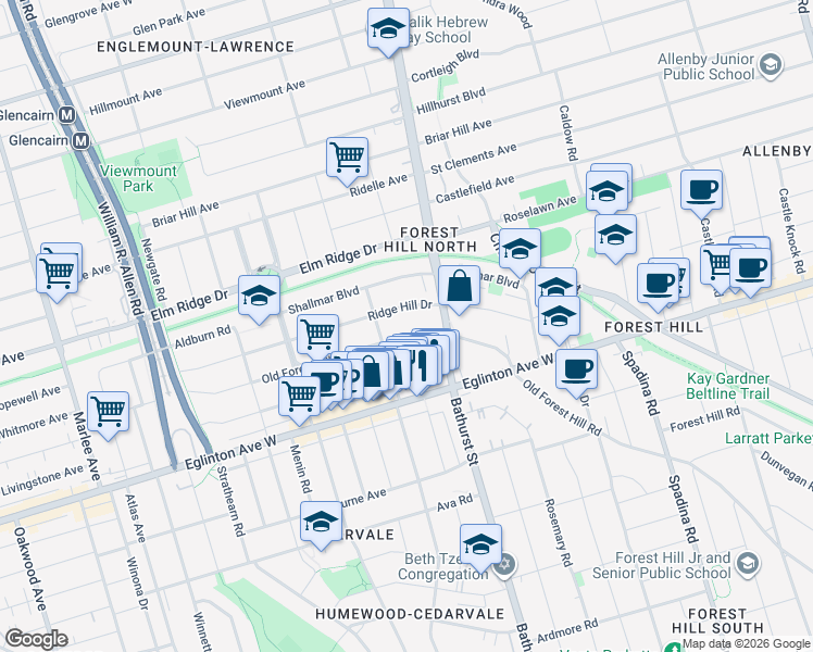 map of restaurants, bars, coffee shops, grocery stores, and more near in Toronto