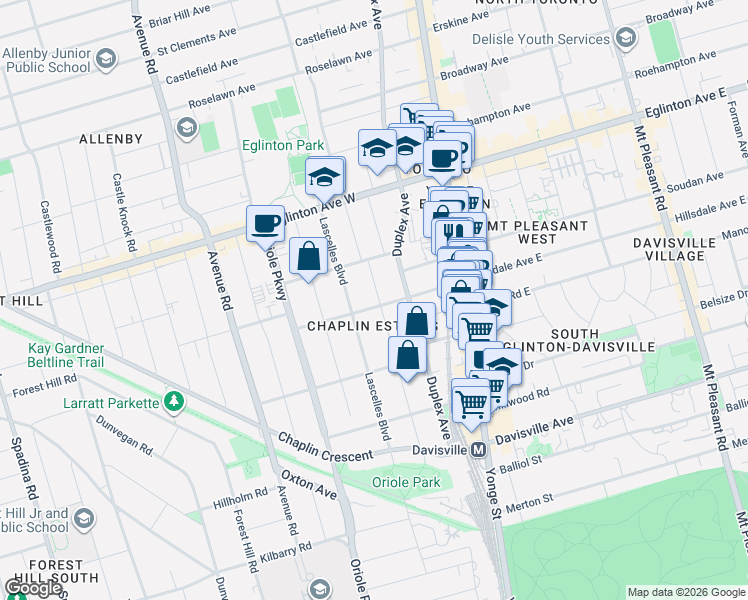 map of restaurants, bars, coffee shops, grocery stores, and more near 114 Colin Avenue in Toronto