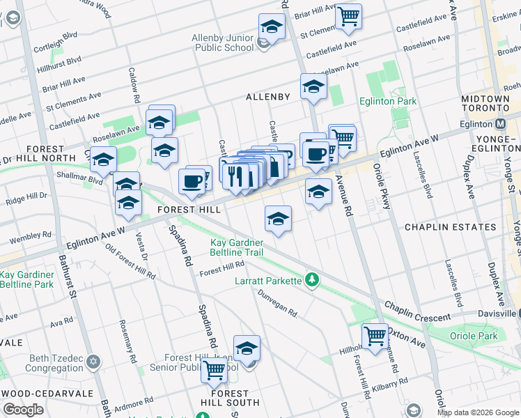 map of restaurants, bars, coffee shops, grocery stores, and more near in Toronto
