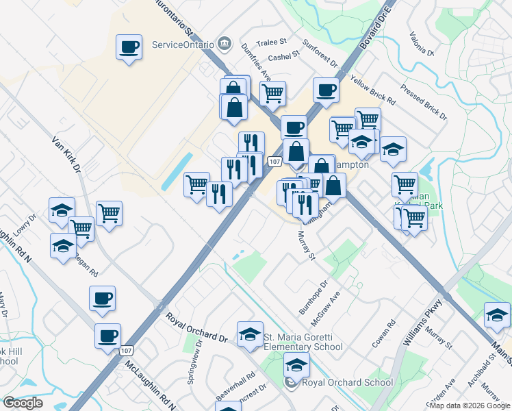 map of restaurants, bars, coffee shops, grocery stores, and more near 20 Manett Crescent in Brampton