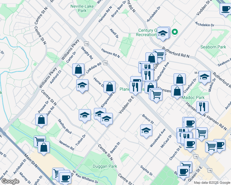 map of restaurants, bars, coffee shops, grocery stores, and more near 129 Kingswood Drive in Brampton