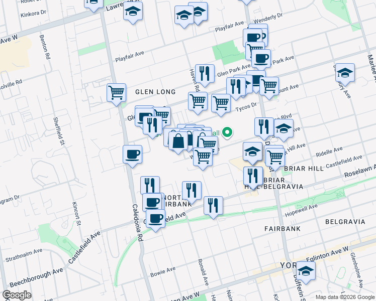 map of restaurants, bars, coffee shops, grocery stores, and more near 90 Wingold Avenue in Toronto