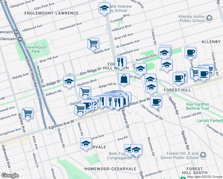map of restaurants, bars, coffee shops, grocery stores, and more near in Toronto