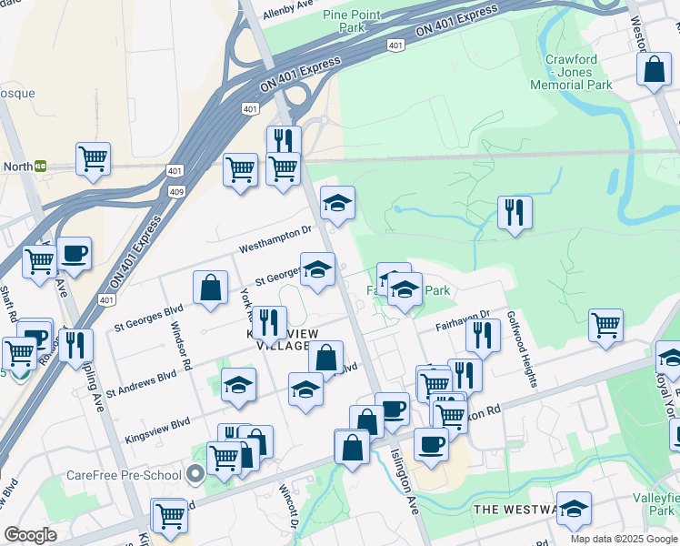 map of restaurants, bars, coffee shops, grocery stores, and more near Islington Avenue in Toronto