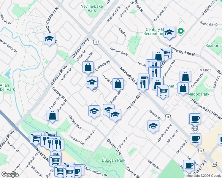 map of restaurants, bars, coffee shops, grocery stores, and more near 30 Merton Road in Brampton