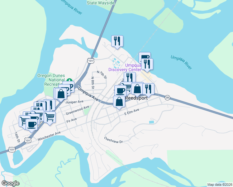 map of restaurants, bars, coffee shops, grocery stores, and more near 552 Greenwood Avenue in Reedsport
