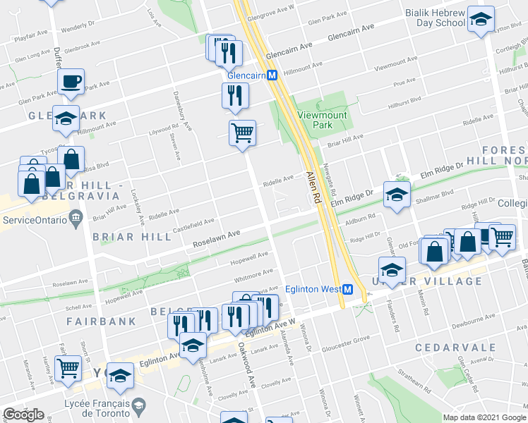map of restaurants, bars, coffee shops, grocery stores, and more near 145 Marlee Avenue in Toronto