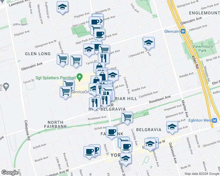 map of restaurants, bars, coffee shops, grocery stores, and more near 2501 Dufferin Street in Toronto
