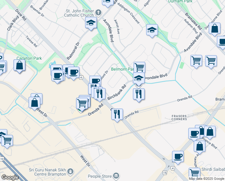 map of restaurants, bars, coffee shops, grocery stores, and more near 6 Belmont Drive in Brampton