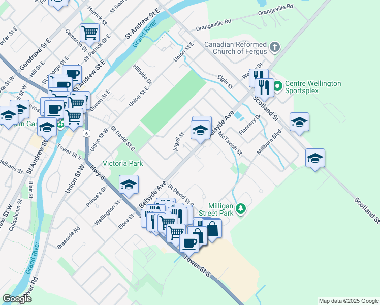 map of restaurants, bars, coffee shops, grocery stores, and more near 290 Belsyde Avenue East in Fergus