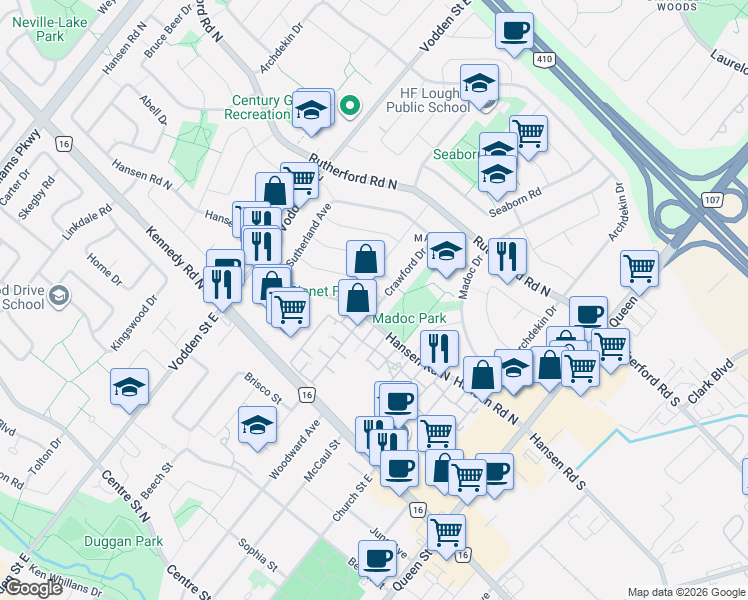 map of restaurants, bars, coffee shops, grocery stores, and more near 1 Tindale Road in Brampton