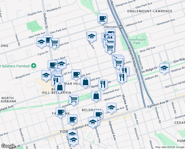 map of restaurants, bars, coffee shops, grocery stores, and more near 485 Ridelle Avenue in Toronto