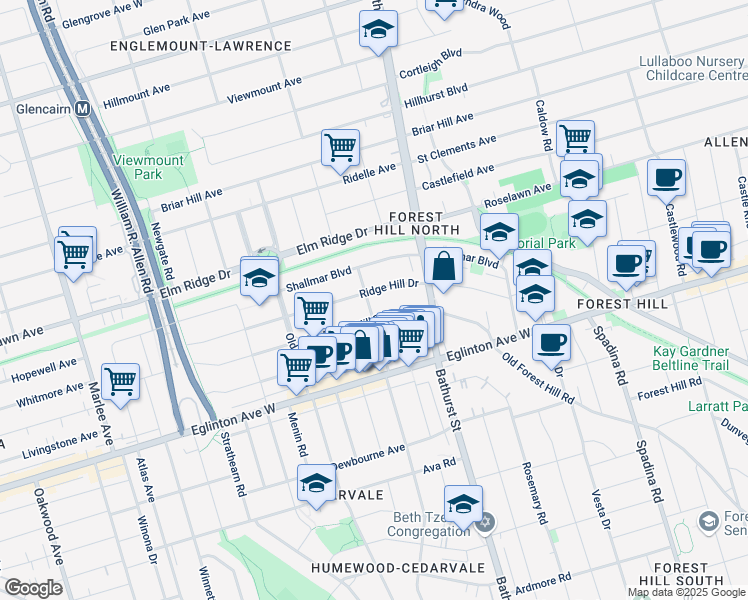 map of restaurants, bars, coffee shops, grocery stores, and more near 33 Hilltop Road in Toronto
