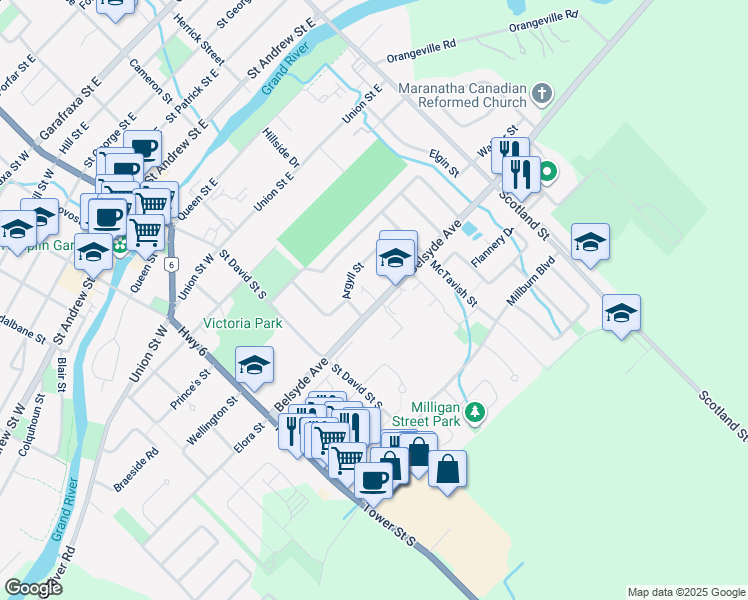 map of restaurants, bars, coffee shops, grocery stores, and more near 290 Belsyde Avenue East in Fergus