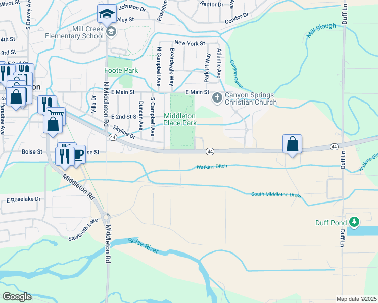 map of restaurants, bars, coffee shops, grocery stores, and more near Idaho 44 in Middleton