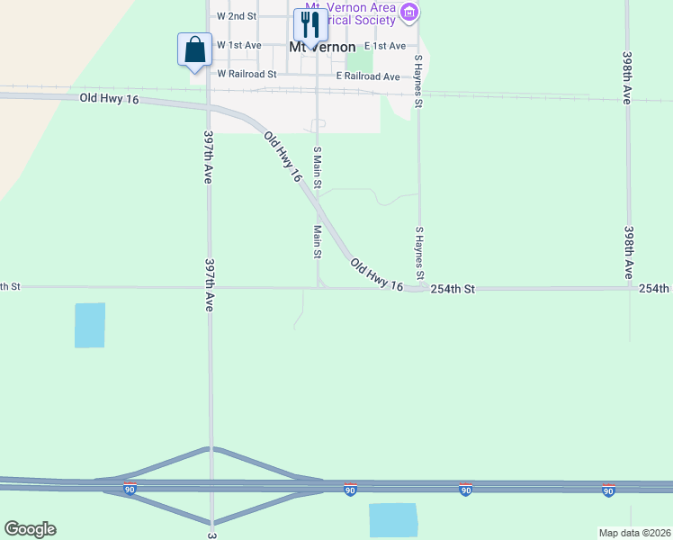 map of restaurants, bars, coffee shops, grocery stores, and more near 39728 254th Street in Mount Vernon