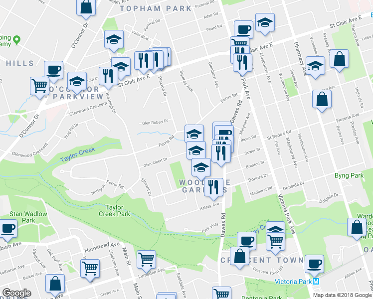 map of restaurants, bars, coffee shops, grocery stores, and more near 148 Glen Albert Drive in Toronto