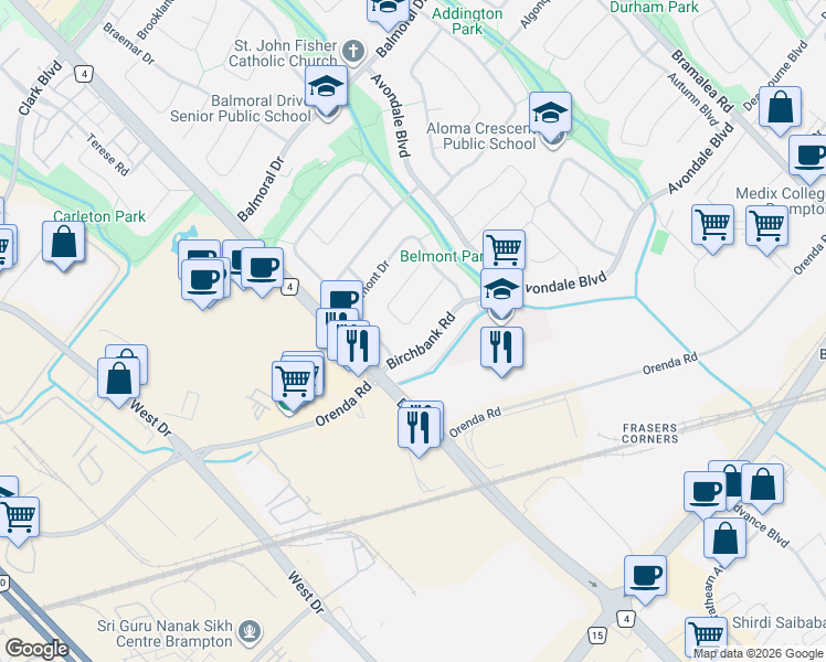 map of restaurants, bars, coffee shops, grocery stores, and more near 26 Birchbank Road in Brampton