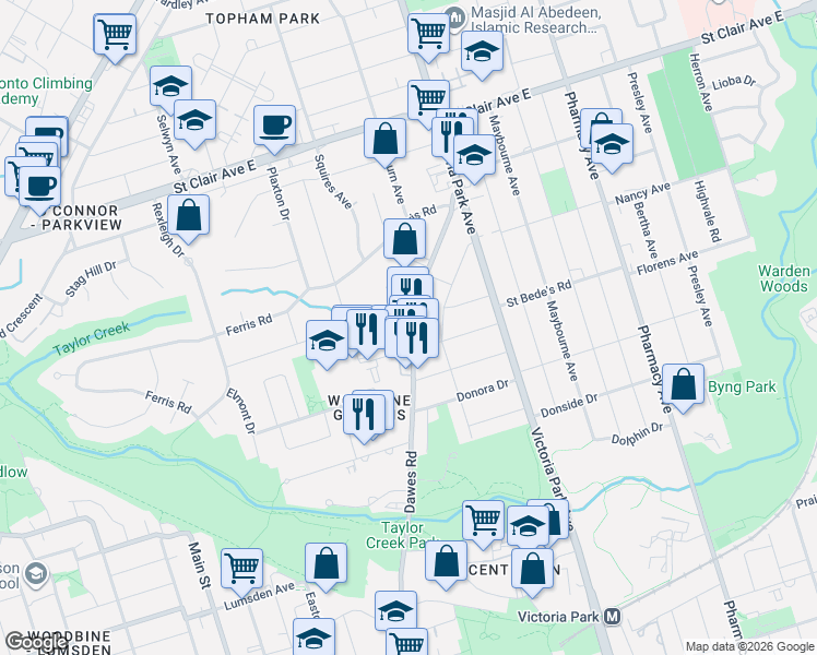 map of restaurants, bars, coffee shops, grocery stores, and more near 462 Dawes Road in Toronto