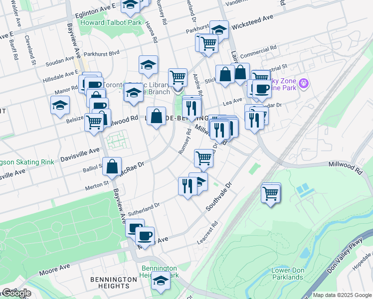 map of restaurants, bars, coffee shops, grocery stores, and more near 45 Rumsey Road in Toronto