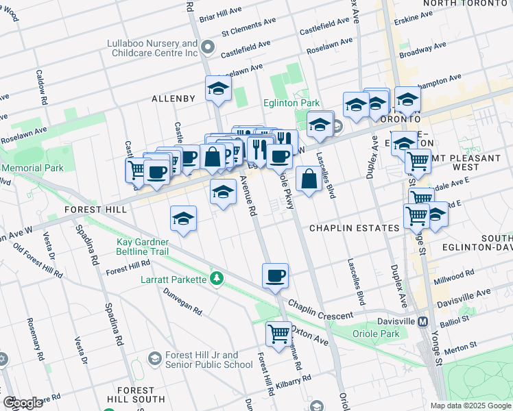 map of restaurants, bars, coffee shops, grocery stores, and more near 955 Avenue Road in Toronto