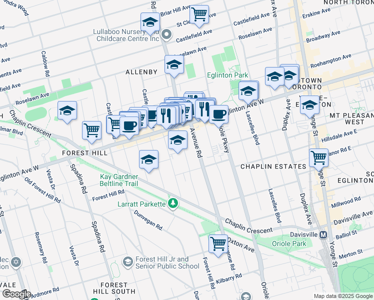 map of restaurants, bars, coffee shops, grocery stores, and more near 83 Braemar Avenue in Toronto