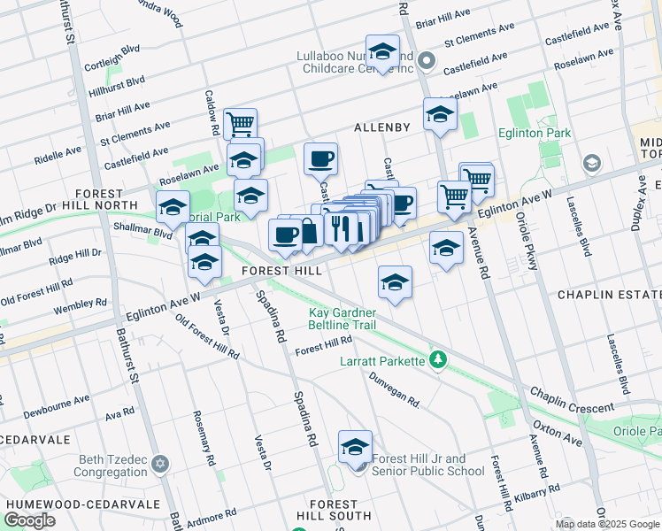 map of restaurants, bars, coffee shops, grocery stores, and more near in Toronto