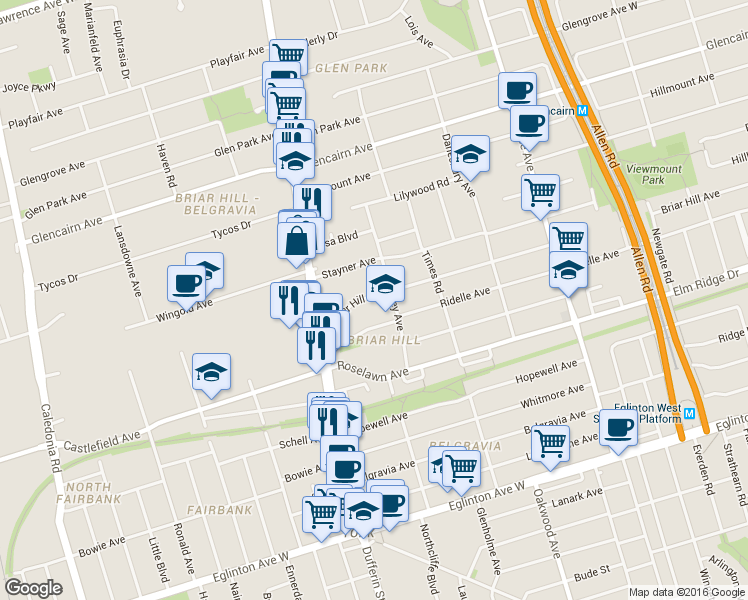 map of restaurants, bars, coffee shops, grocery stores, and more near in Toronto