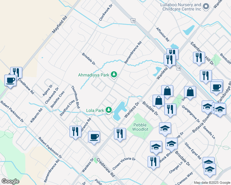 map of restaurants, bars, coffee shops, grocery stores, and more near in Brampton