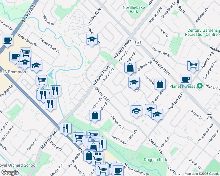 map of restaurants, bars, coffee shops, grocery stores, and more near 18 Ashford Court in Brampton
