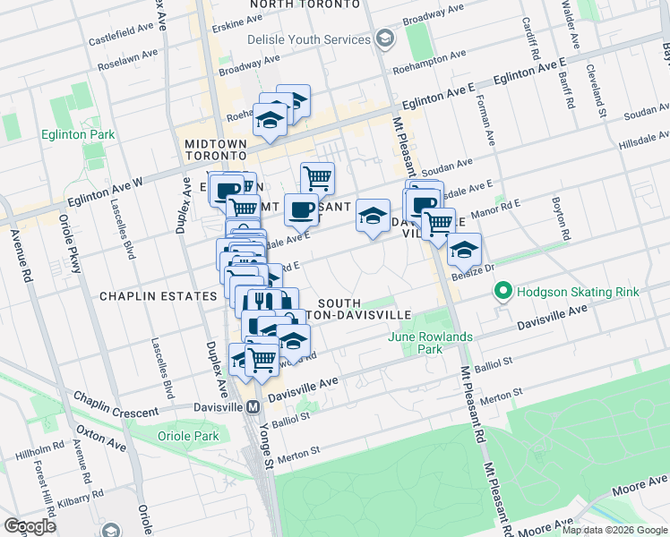 map of restaurants, bars, coffee shops, grocery stores, and more near 25 Oswald Crescent in Toronto