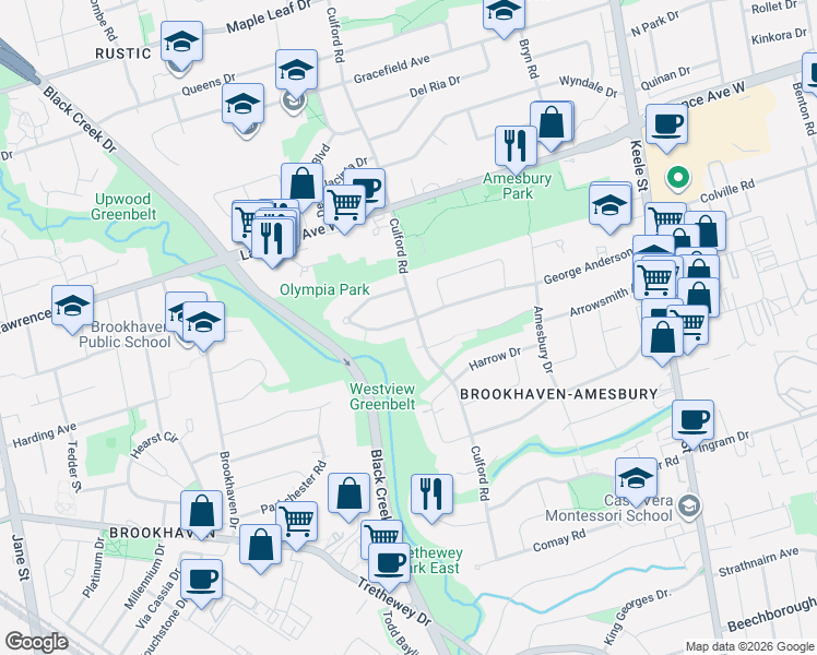 map of restaurants, bars, coffee shops, grocery stores, and more near 3 Ridge Point Crescent in Toronto