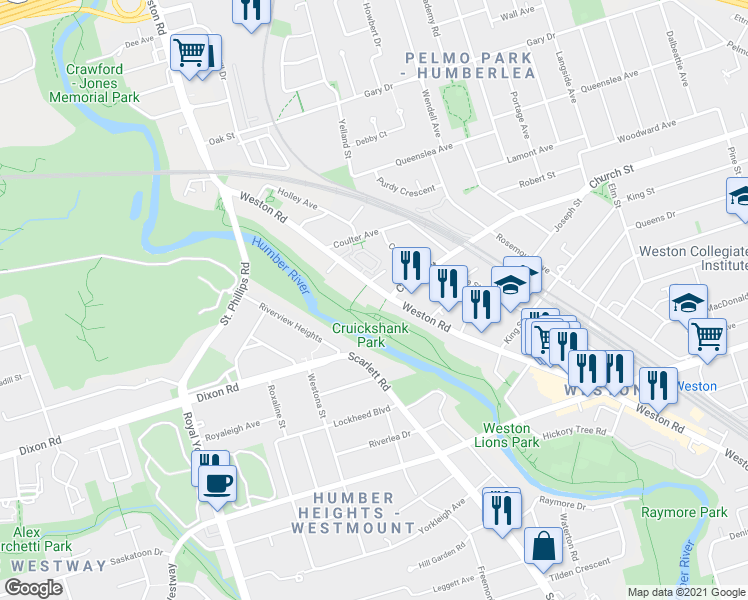 map of restaurants, bars, coffee shops, grocery stores, and more near 2180 Weston Road in Toronto