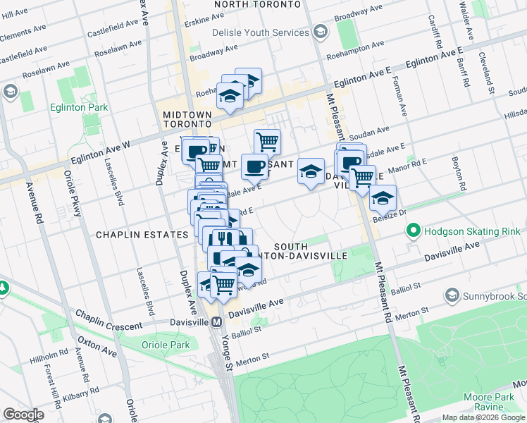 map of restaurants, bars, coffee shops, grocery stores, and more near 69 Manor Road East in Toronto
