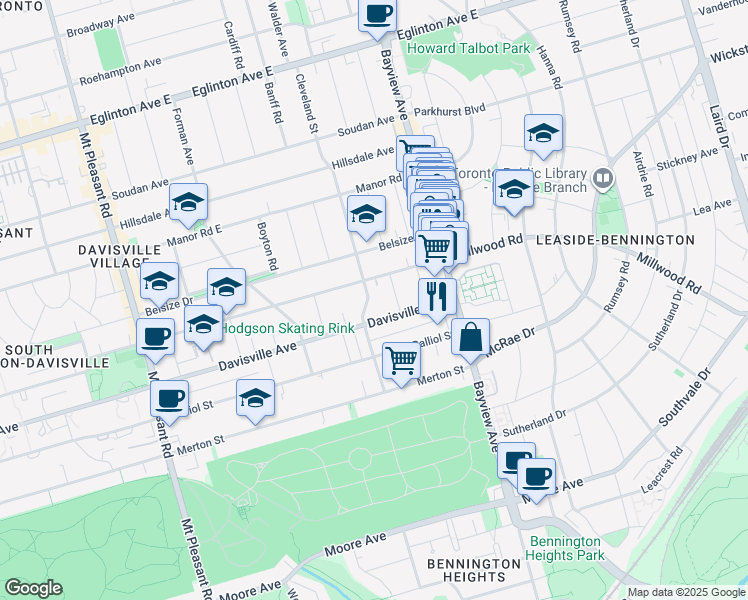 map of restaurants, bars, coffee shops, grocery stores, and more near 103 Cleveland Street in Toronto