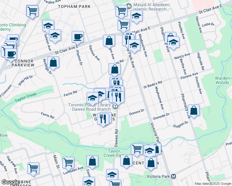 map of restaurants, bars, coffee shops, grocery stores, and more near 468 Dawes Road in Toronto
