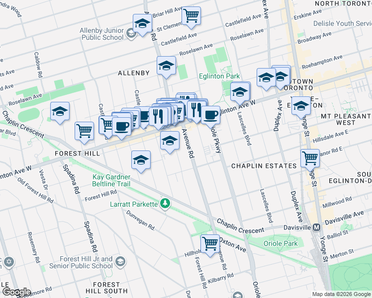 map of restaurants, bars, coffee shops, grocery stores, and more near 978 Avenue Road in Toronto